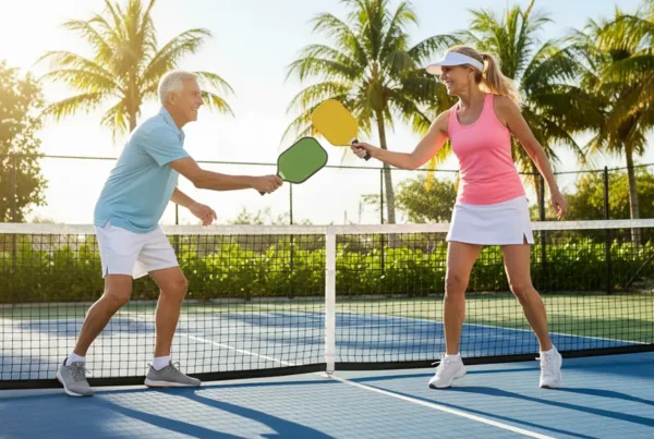 Two active seniors smiling while playing pickleball on a sunny court in Sumter County.