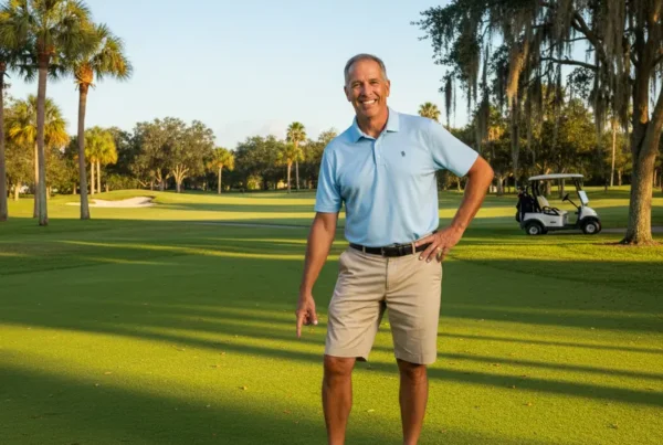 Man in Windermere smiling after successful non-surgical knee pain treatment on a golf course.
