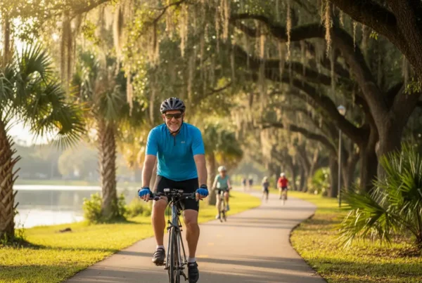 Active man in his 50s cycling pain-free on the West Orange Trail.