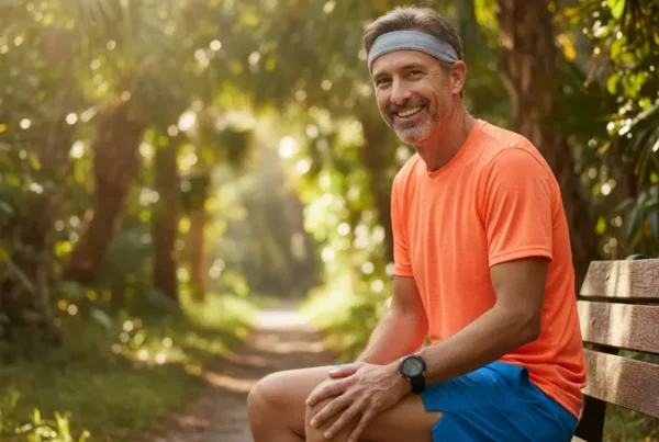 Man in running gear smiling on a park bench, free from knee pain.