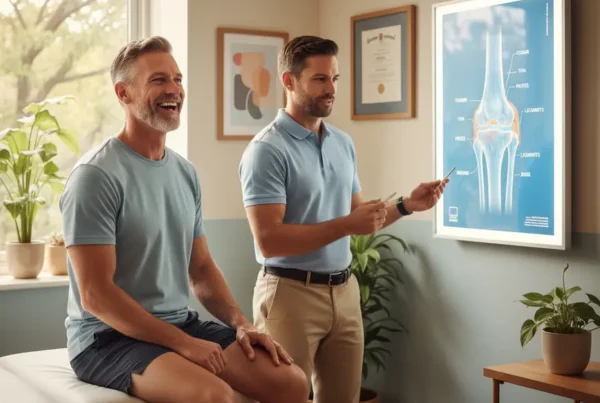 Man discussing non-surgical knee pain treatment options with his doctor in a clinic.