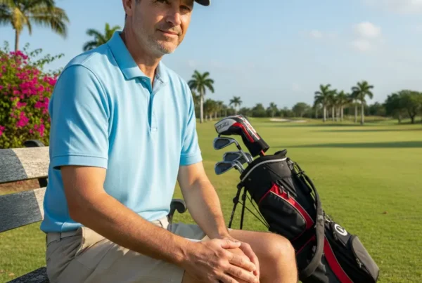Man in golf attire sitting on a bench at a course, massaging his knee.
