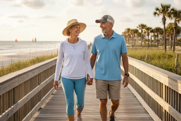 Couple enjoying a pain-free walk on a boardwalk in Ormond Beach after knee treatment.