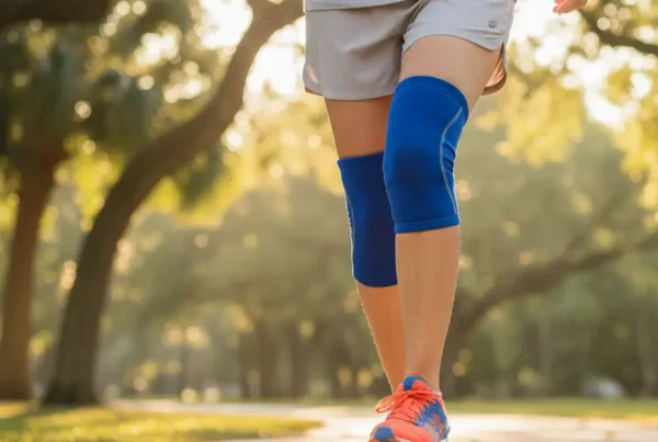 A person walking on a sunny park path, with a close-up on their healthy knee.