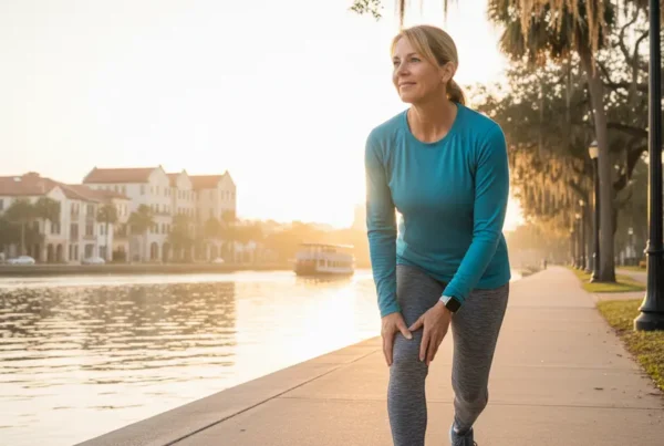 A person holding their knee while pausing on the scenic Sanford Riverwalk.