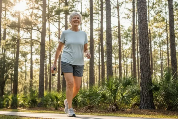An active older adult walking happily in a park after receiving PRP therapy for knee pain.