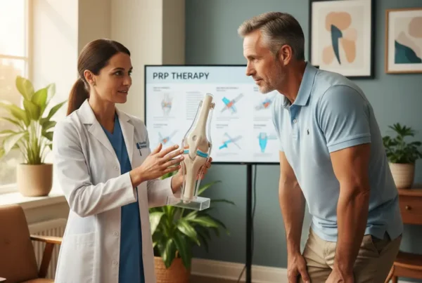 Doctor explaining PRP therapy for knee pain to a patient in a clinic setting.