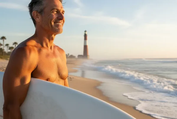 Man with surfboard on New Smyrna Beach enjoying relief from knee pain after PRP.