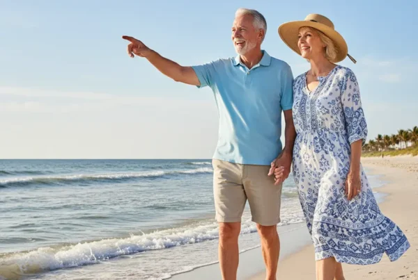 Senior couple enjoying a walk on Ormond Beach after successful PRP knee therapy.