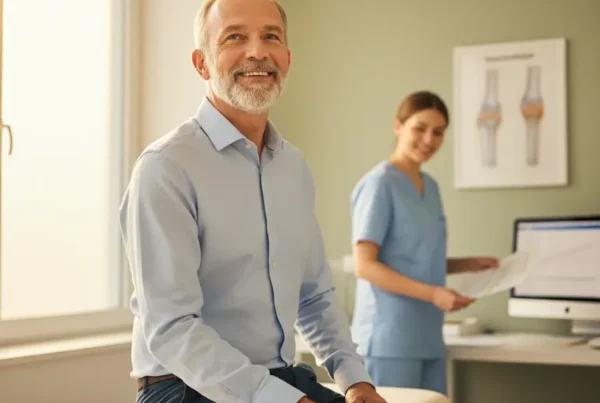 Man in consultation room discussing non-surgical PRP therapy for knee pain in Port Orange.