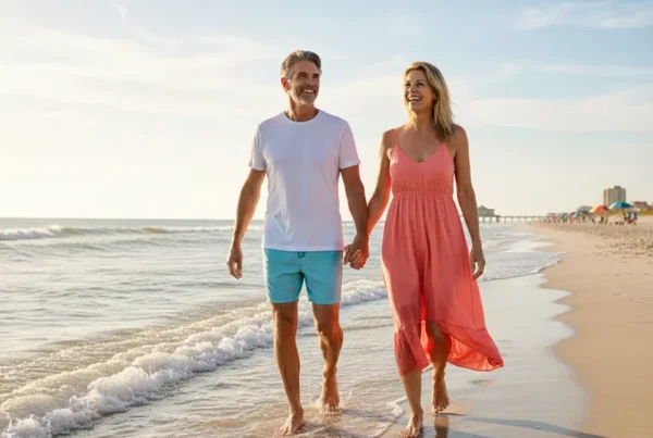 Active couple enjoying a pain-free walk on a sunny Volusia County beach after PRP therapy.
