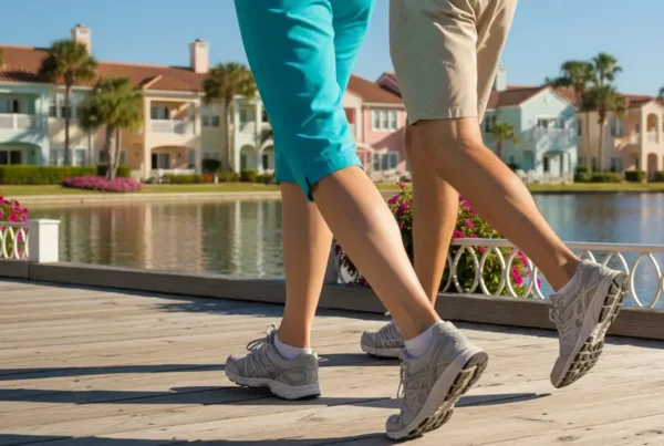 Active couple walking comfortably on a lakefront boardwalk, representing knee pain relief from PRP therapy.