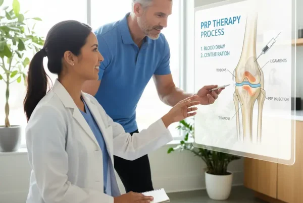 A patient discussing PRP therapy for knee pain with a doctor in a clinic setting.