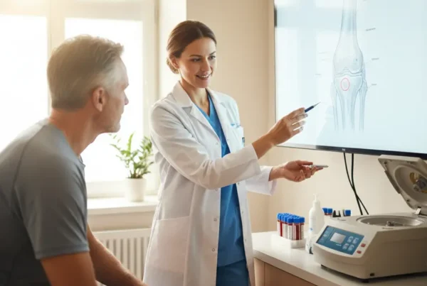 A medical provider explains the benefits of PRP therapy for knee pain to a patient.