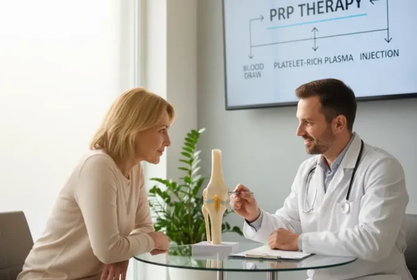 Doctor explaining the PRP therapy process for knee pain to a patient using a knee model.
