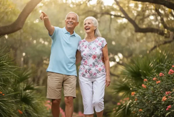 Senior couple walking happily in a park after stem cell therapy for knee pain.