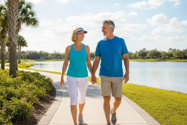 Active older couple walking happily by a lake after stem cell therapy in Altamonte Springs.