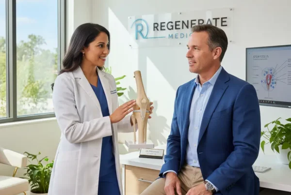 A doctor discusses stem cell therapy for knee pain with a patient in Dr. Phillips.