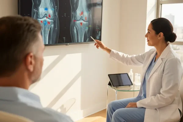 A specialist discusses knee stem cell therapy with a patient in Osceola County.