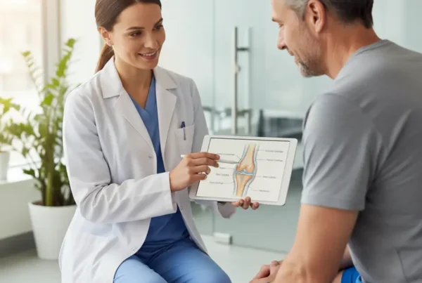 Medical specialist discussing stem cell therapy for knee pain with a patient in Florida.