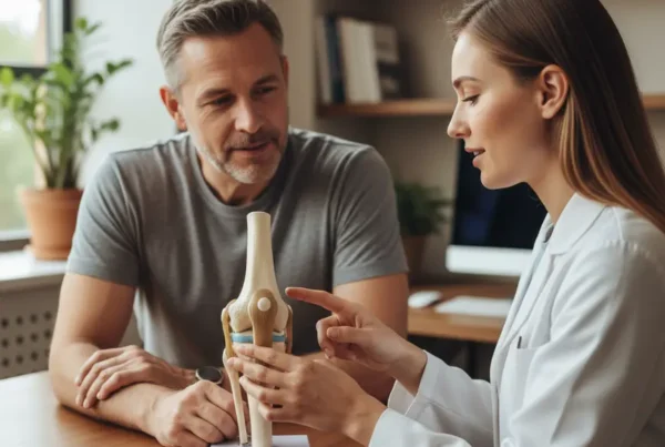 Doctor explaining knee anatomy to a patient using a model in a clinic.