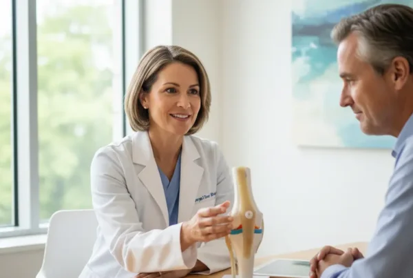 A specialist discusses stem cell therapy for knee pain with a patient in Sanford.