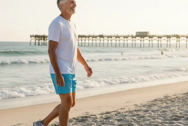 Man walking comfortably on Daytona Beach after receiving stem cell therapy for knee pain.