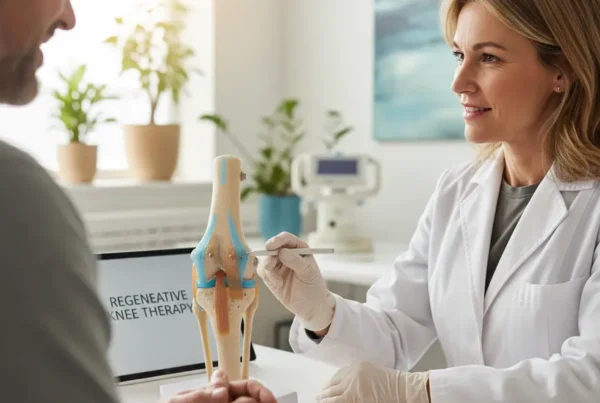 Doctor discusses regenerative knee therapy with a patient using an anatomical knee model.
