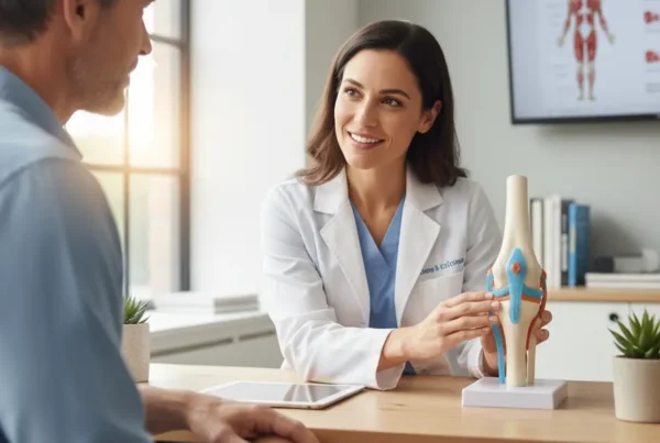 Doctor explaining regenerative knee therapy to a patient using an anatomical model.