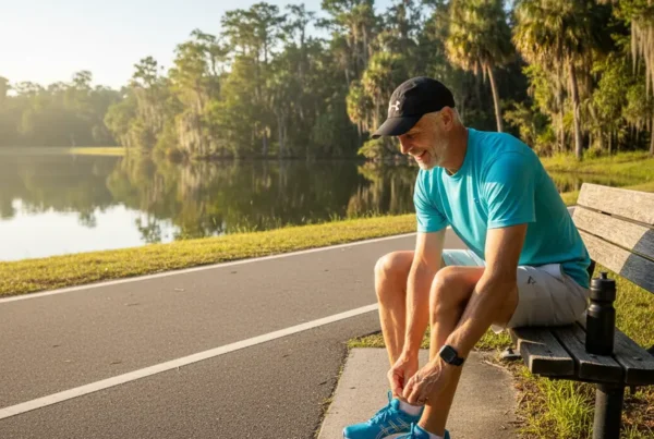Man in his 50s tying his running shoes on a park bench in Ocoee, Florida.