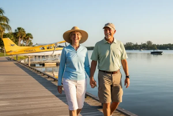 Active older couple walking on the Wooton Park boardwalk in Tavares, Florida.