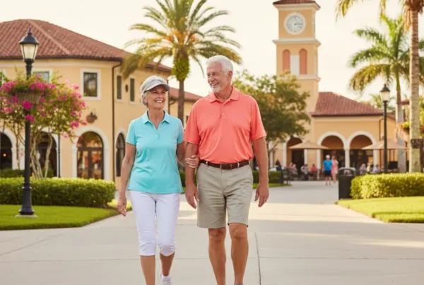 A happy senior couple enjoying a pain-free walk in a sunny Wildwood town square.