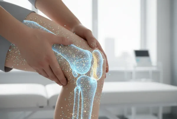 Doctor's hands on a knee with a graphic showing stem cell therapy for cartilage.