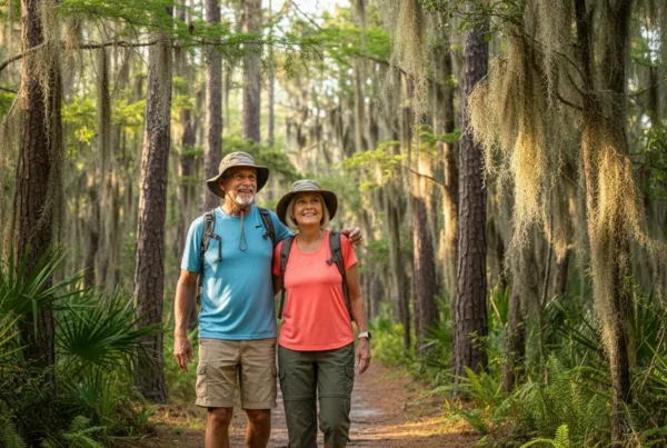 Active senior couple walking pain-free on a sunny nature trail in Bushnell, Florida.