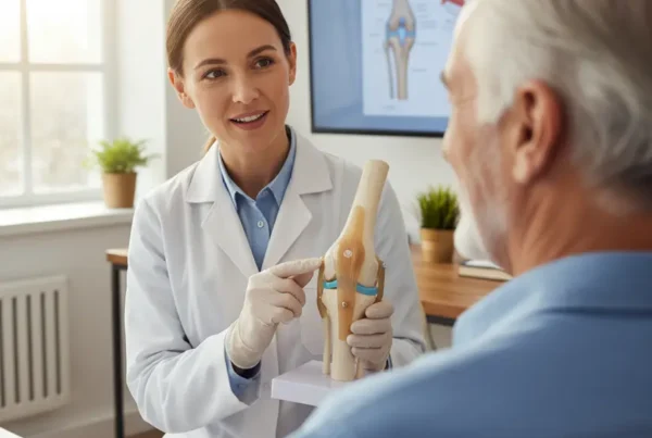 A doctor explains knee stem cell therapy to a senior patient using an anatomical model.