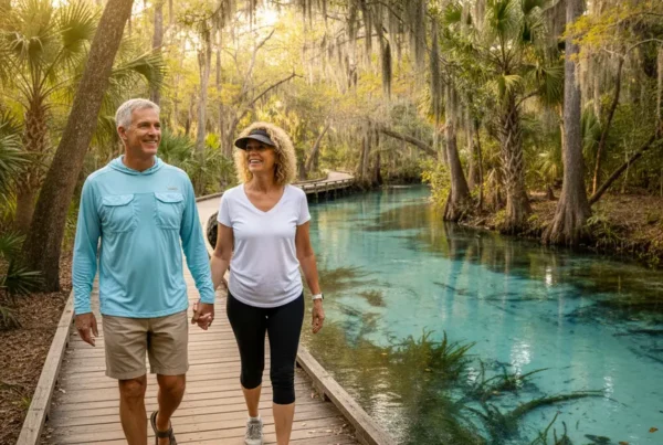 Active older couple walking on a boardwalk near a river after stem cell therapy.