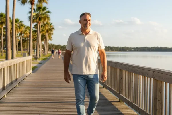 Man in his 50s walking comfortably on a sunny Florida boardwalk after knee therapy.