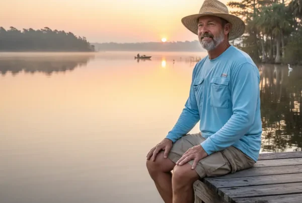 Man sitting on a dock by a lake, resting a hand on his knee.
