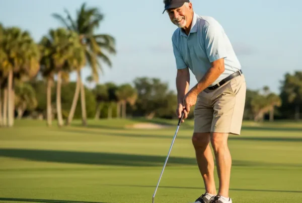 A senior man in golf attire smiling as he bends his knee comfortably.