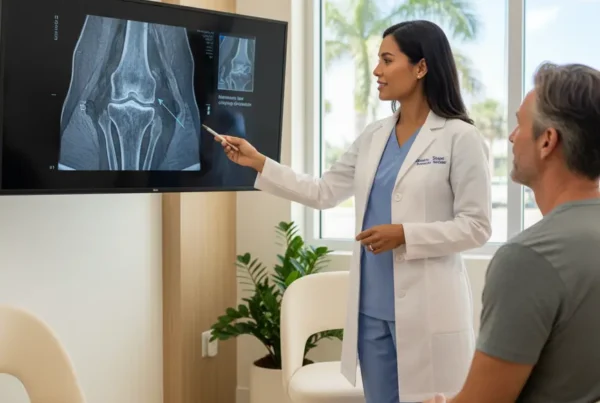 Doctor discussing knee MRI with a patient for stem cell therapy in Volusia County.