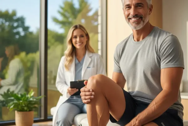A male patient in a clinic happily flexing his knee after stem cell therapy.