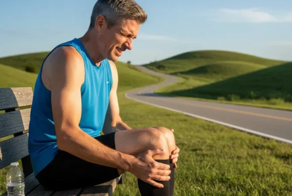 A male runner sits on a park bench along a hilly trail, holding his knee.