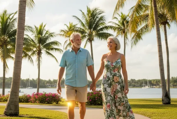 Active senior couple walking in a sunny Florida park, enjoying knee pain relief.