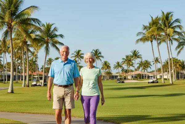 Active senior couple walking pain-free on a path in Lady Lake, Florida after treatment.