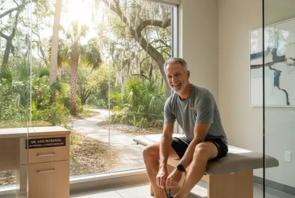 Man in a clinic office smiling while tying his shoe before a walk.