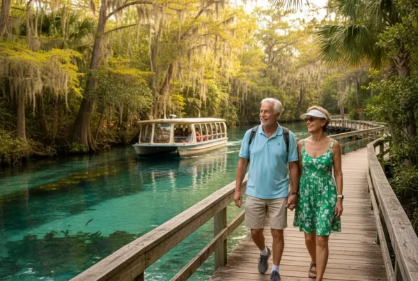 Active senior couple walking on a boardwalk at Silver Springs State Park, Florida.