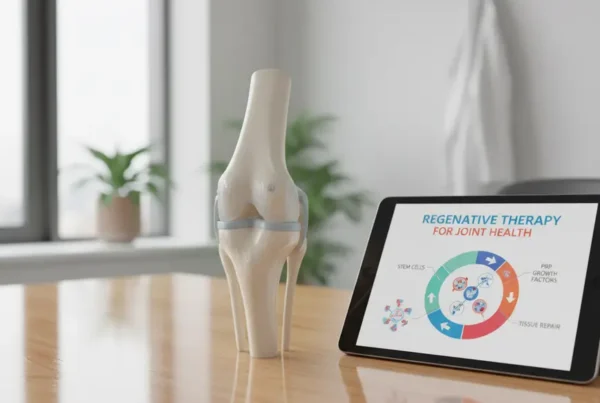 Anatomical knee model on a doctor's desk illustrating stem cell therapy for knee pain.