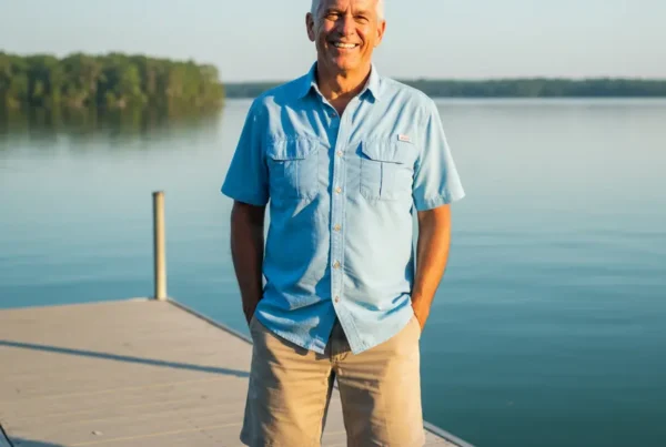Man standing comfortably on a lakeside dock, representing relief from knee pain in Astatula.