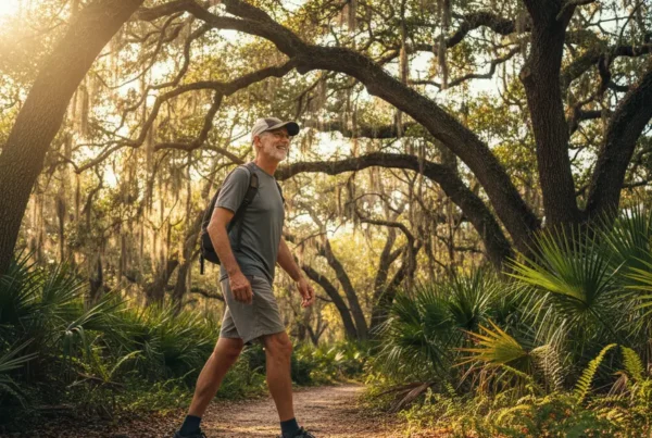 Older man walking confidently on a sunny Florida nature trail after knee therapy.