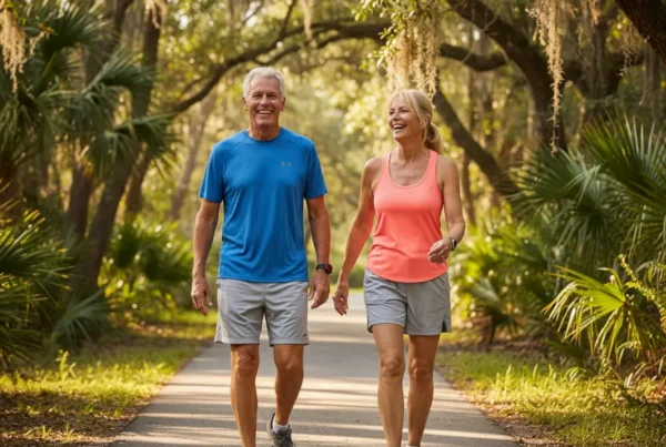 Active senior couple smiling while walking on a sunny park trail in Florida.